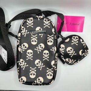 Betsey Johnson Crossbody Bag with EarPod Pouch, Skull & CrossBones XOMindy